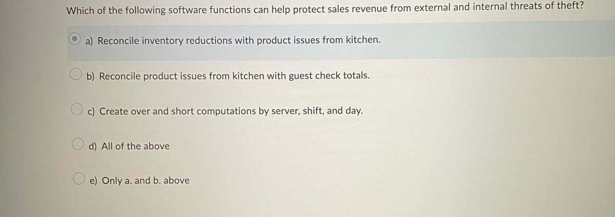 Which of the following software functions can help protect sales revenue from external and internal threats of theft?
a) Reconcile inventory reductions with product issues from kitchen.
b) Reconcile product issues from kitchen with guest check totals.
c) Create over and short computations by server, shift, and day.
d) All of the above
e) Only a. and b. above