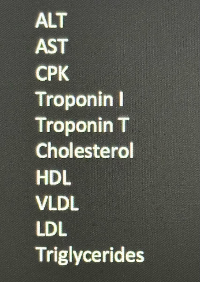 ALT
AST
CPK
Troponin I
Troponin T
Cholesterol
HDL
VLDL
LDL
Triglycerides