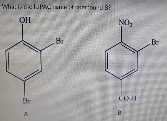What is the IUPAC name of compound B?
ОН
NO,
Br
Br
Br
СО Н
A
B.
