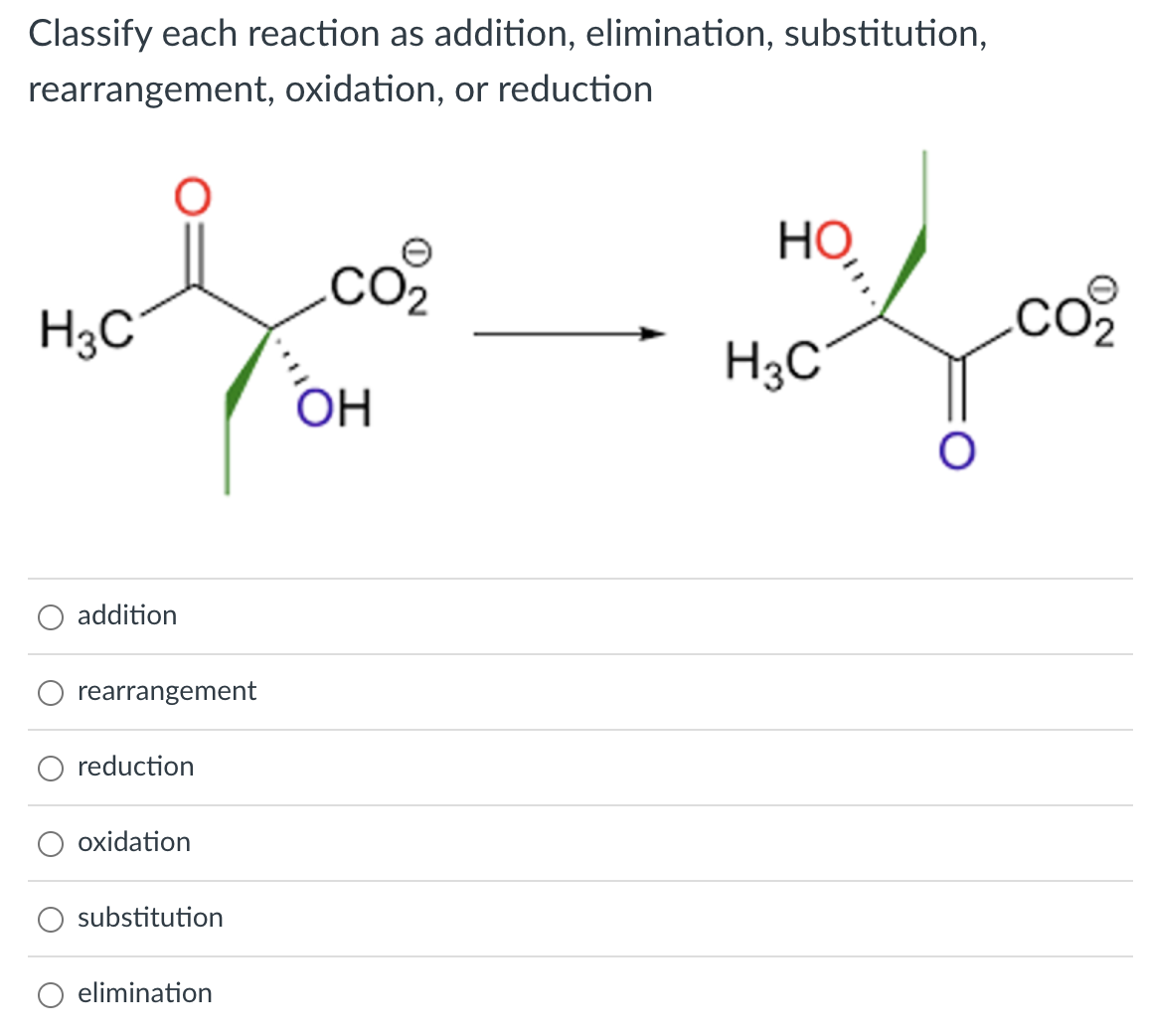 Classify each reaction as addition, elimination, substitution,
rearrangement, oxidation, or reduction
H3C
addition
rearrangement
reduction
oxidation
substitution
elimination
.CO2
CO₂
OH
НО,
H3C
O
CO₂