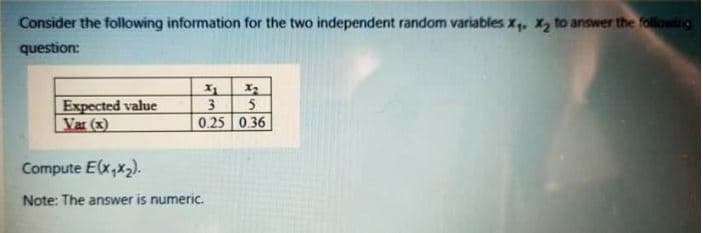 Consider the following information for the two independent random variables x, x, to answer the folliowie
question:
Expected value
Var (x)
3
5
0.25 0.36
Compute E(x,x2).
Note: The answer is numeric.
