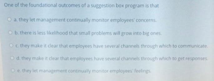 One of the foundational outcomes of a suggestion box program is that
O a. they let management continually monitor employees' concerns.
Ob. there is less likelihood that small problems will grow into big ones.
Oc they make it clear that employees have several channels through which to communicate.
O d. they make it clear that employees have several channels through which to get responses.
O e they let management continually monitor employees' feelings.
