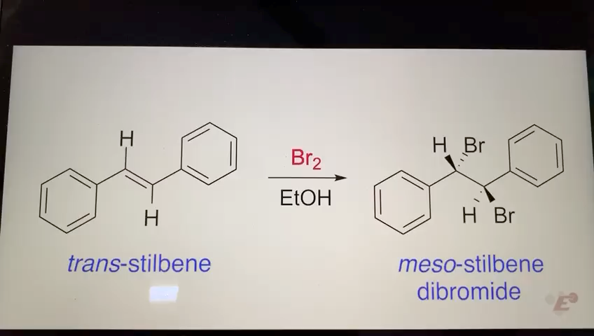 H Br
Br2
ELOH
H
H Br
meso-stilbene
dibromide
trans-stilbene
