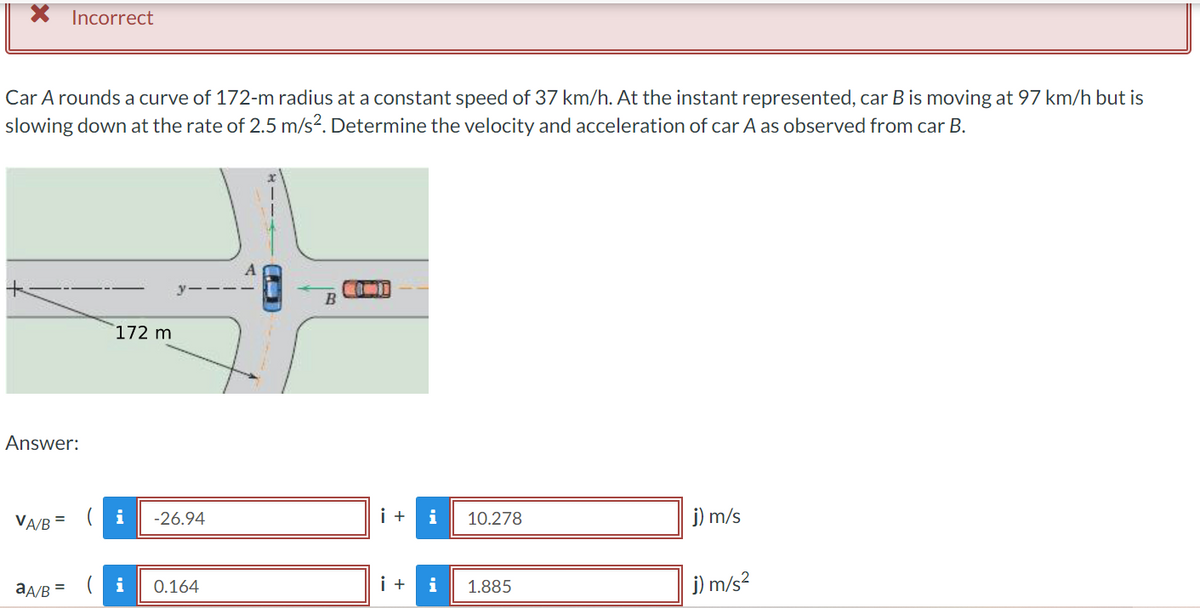 X Incorrect
Car A rounds a curve of 172-m radius at a constant speed of 37 km/h. At the instant represented, car B is moving at 97 km/h but is
slowing down at the rate of 2.5 m/s². Determine the velocity and acceleration of car A as observed from car B.
A
172 m
10.278
j) m/s
1.885
j) m/s²
Answer:
VA/B =
aA/B =
-26.94
0.164
(E)
B
i + i
i + i