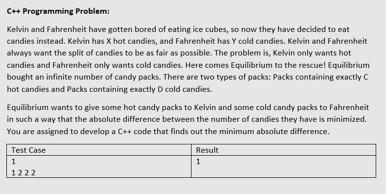 C++ Programming Problem:
Kelvin and Fahrenheit have gotten bored of eating ice cubes, so now they have decided to eat
candies instead. Kelvin has X hot candies, and Fahrenheit has Y cold candies. Kelvin and Fahrenheit
always want the split of candies to be as fair as possible. The problem is, Kelvin only wants hot
candies and Fahrenheit only wants cold candies. Here comes Equilibrium to the rescue! Equilibrium
bought an infinite number of candy packs. There are two types of packs: Packs containing exactly C
hot candies and Packs containing exactly D cold candies.
Equilibrium wants to give some hot candy packs to Kelvin and some cold candy packs to Fahrenheit
in such a way that the absolute difference between the number of candies they have is minimized.
You are assigned to develop a C++ code that finds out the minimum absolute difference.
Test Case
Result
1
1222

