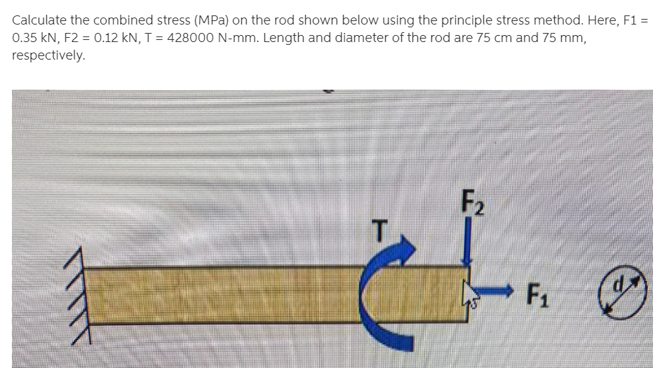 Calculate the combined stress (MPa) on the rod shown below using the principle stress method. Here, F1 =
0.35 kN, F2 = 0.12 kN, T = 428000 N-mm. Length and diameter of the rod are 75 cm and 75 mm,
respectively.
F2
F1
d
