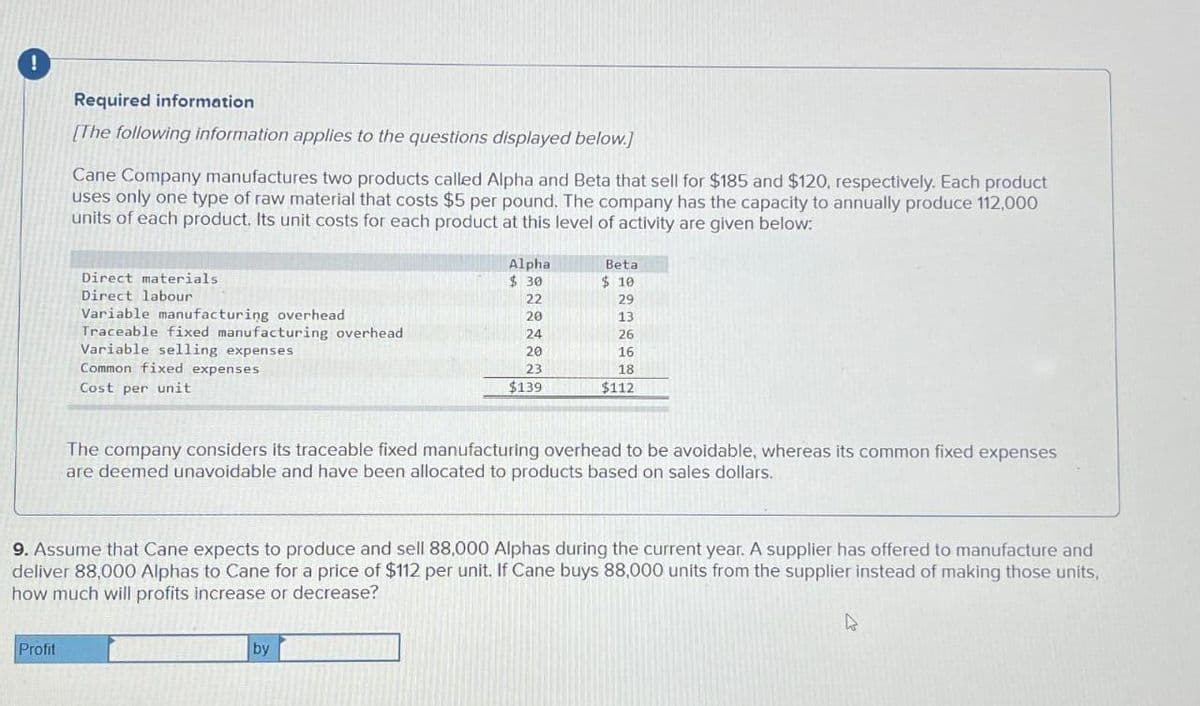 !
Required information
[The following information applies to the questions displayed below.]
Cane Company manufactures two products called Alpha and Beta that sell for $185 and $120, respectively. Each product
uses only one type of raw material that costs $5 per pound. The company has the capacity to annually produce 112,000
units of each product. Its unit costs for each product at this level of activity are given below:
Direct materials
Direct labour
Variable manufacturing overhead
Traceable fixed manufacturing overhead
Variable selling expenses
Common fixed expenses
Cost per unit
Alpha
Beta
$ 30
$ 10
22
29
20
13
24
26
20
16
23
18
$139
$112
The company considers its traceable fixed manufacturing overhead to be avoidable, whereas its common fixed expenses
are deemed unavoidable and have been allocated to products based on sales dollars.
9. Assume that Cane expects to produce and sell 88,000 Alphas during the current year. A supplier has offered to manufacture and
deliver 88,000 Alphas to Cane for a price of $112 per unit. If Cane buys 88,000 units from the supplier instead of making those units,
how much will profits increase or decrease?
Profit
by