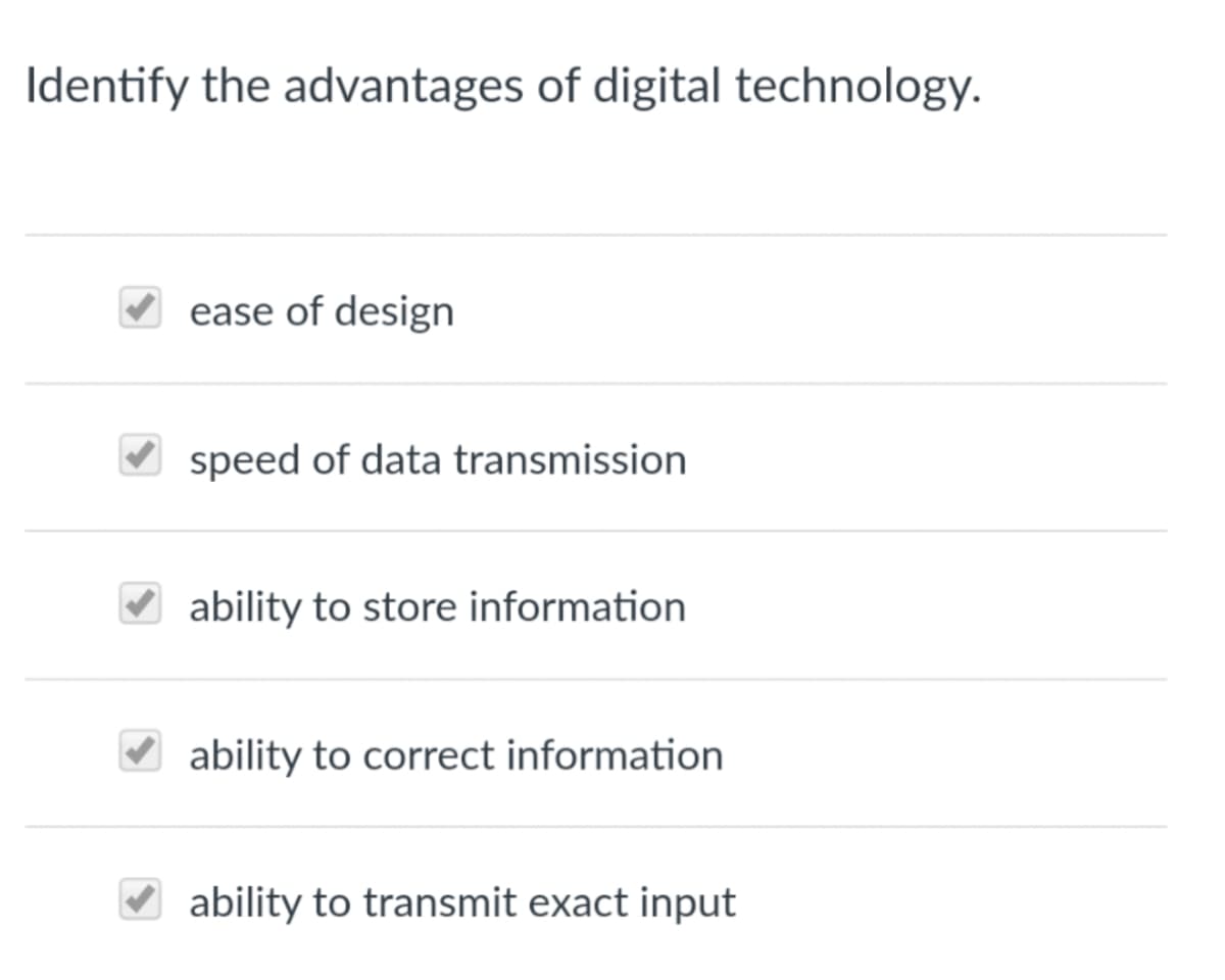 Identify the advantages of digital technology.
V ease of design
V speed of data transmission
ability to store information
ability to correct information
ability to transmit exact input

