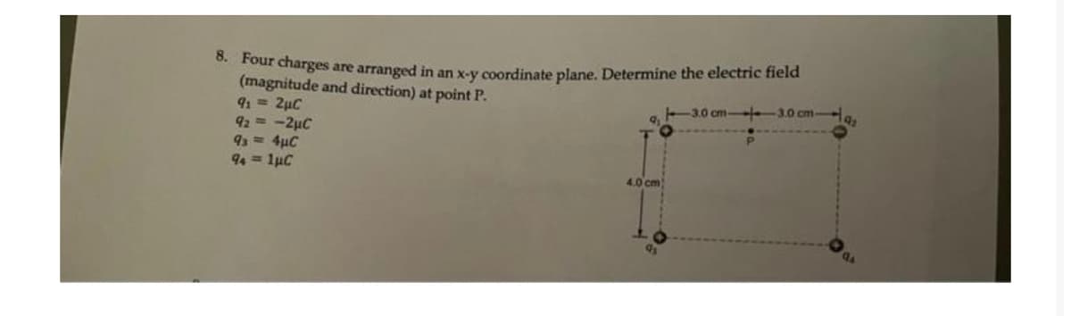 8. Four charges are arranged in an x-y coordinate plane. Determine the electric field
(magnitude and direction) at point P.
91 = 2µC
92 = -2µC
93= 4µC
94 = 1µC
9₁
4.0 cm
as
3.0 cm-3.0 cm-