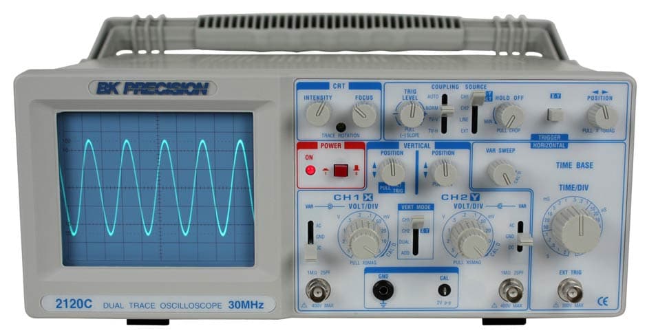 BK PRECISION
COUPLING SOURCE
CHI
CRT
TRIG
LEVEL
4Y
INTENSITY
FOCUS
AUTO
H HOLD OFF
POSITION
ANORM
CH2
INE
MIN
EXT
FULLToAG
TRACE ROTATION
1-1SLOPE
TRIGGER
HORIZONTAL
300
POWER
VERTICAL
VAR SWEEP
POSITION
POSITION
ON
TIME BASE
PULL
TRIG
TIME/DIV
CH2Y
VOLT/DIV
CH1 X
VAR
VOLT/DIV
VERT MODE
VAR
CH1
AC
CH2
GND
GND
DUAL
ADD
PULL XSMAG
IMO 2
IMO 25P
EXT TRIG
GND
CAL
2120C DUAL TRACE OSCILLOSCOPE 30MHZ
CE
400V MAX
40 MAX
