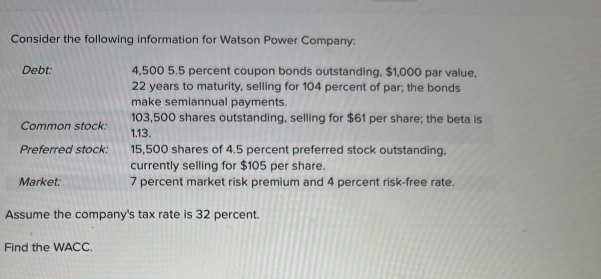 Consider the following information for Watson Power Company:
Debt:
Common stock:
Preferred stock:
Market:
4,500 5.5 percent coupon bonds outstanding, $1,000 par value,
22 years to maturity, selling for 104 percent of par; the bonds
make semiannual payments.
103,500 shares outstanding, selling for $61 per share; the beta is
1.13.
15,500 shares of 4.5 percent preferred stock outstanding,
currently selling for $105 per share.
7 percent market risk premium and 4 percent risk-free rate.
Assume the company's tax rate is 32 percent.
Find the WACC.