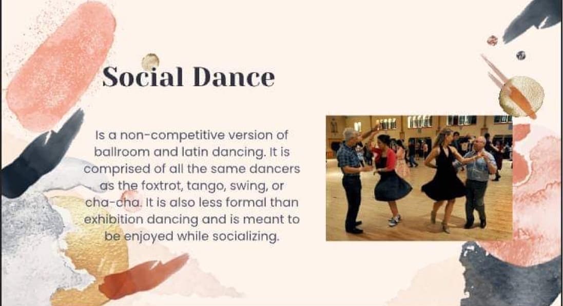 Social Dance
Is a non-competitive version of
ballroom and latin dancing. It is
comprised of all the same dancers
as the foxtrot, tango, swing, or
cha-cha. It is also less formal than
exhibition dancing and is meant to
be enjoyed while socializing.
FILI