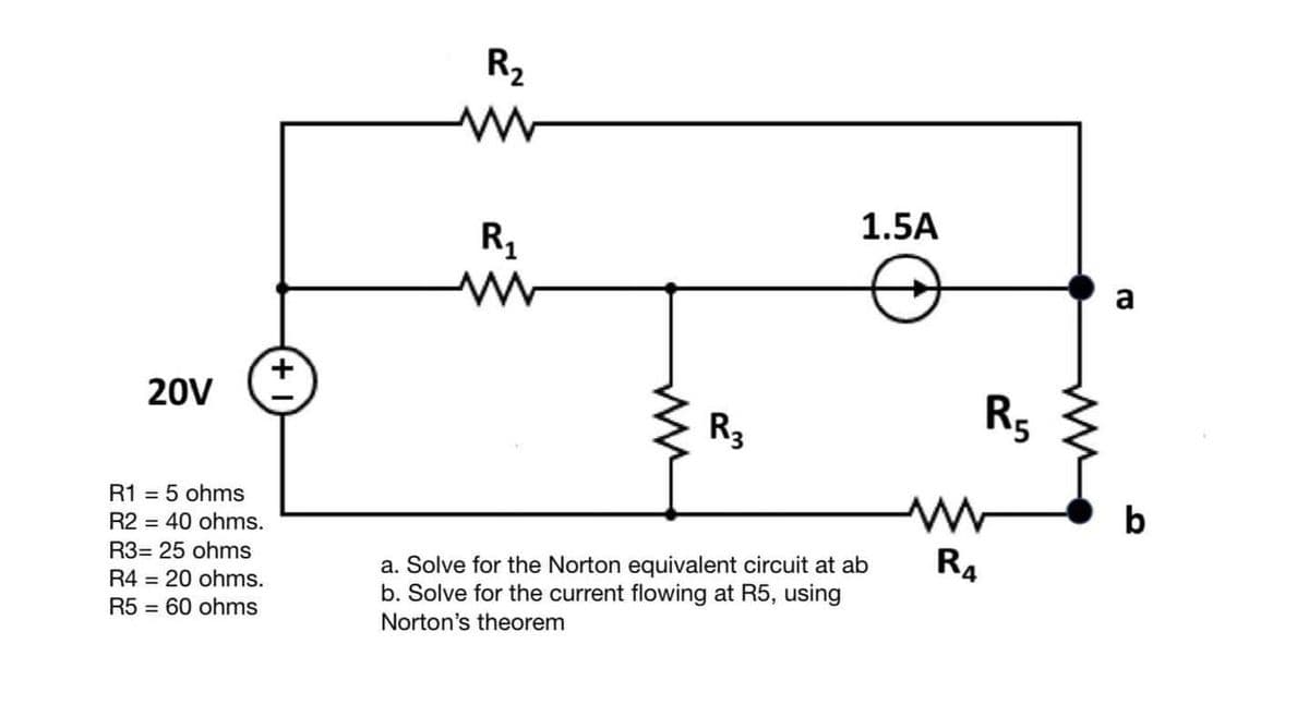 20V
R1 = 5 ohms
R2 = 40 ohms.
R3= 25 ohms
R420 ohms.
R5 60 ohms
R₂
www
R₁
ww
www
R₂
1.5A
a. Solve for the Norton equivalent circuit at ab
b. Solve for the current flowing at R5, using
Norton's theorem
R5
ww
R4
a
b