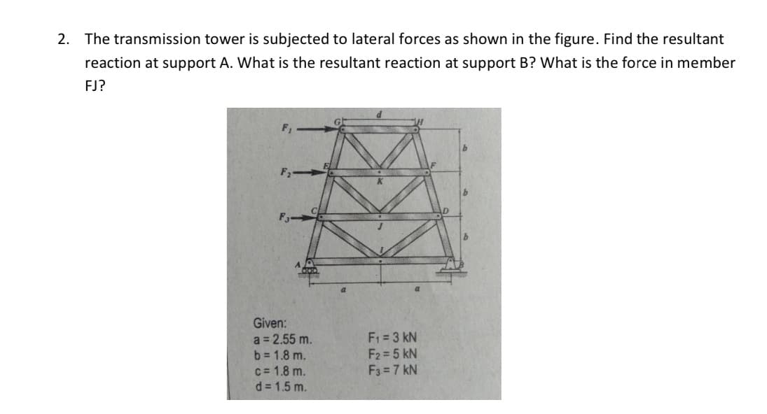 2. The transmission tower is subjected to lateral forces as shown in the figure. Find the resultant
reaction at support A. What is the resultant reaction at support B? What is the force in member
FJ?
Given:
a = 2.55 m.
b = 1.8 m.
c = 1.8 m.
d=1.5m.
F₁ = 3 kN
F₂ = 5 kN
F3 = 7 KN