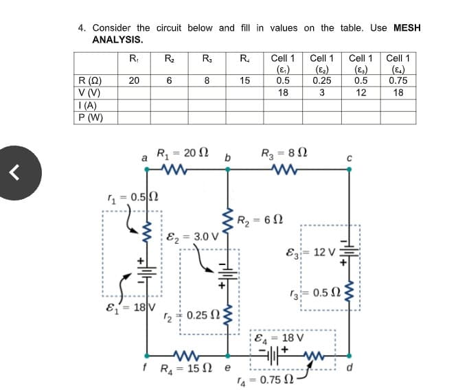 4. Consider the circuit below and fill in values on the table. Use MESH
ANALYSIS.
R
R.
Cell 1
(ɛ.)
0.5
Re
Cell 1
Cell 1
Cell 1
(E)
0.25
(E.)
0.5
(E.)
0.75
R (Q)
V (V)
I(A)
P (W)
20
15
18
3
12
18
Rq = 20 N
R3 = 8 N
%3D
a
b
= 0.5 N
R2 = 6N
Ez = 3.0 V
Ez:= 12 V
3:= 0.5 N
= 18 V
「2국 0.25 ():
E4 = 18 V
f R = 15 N
d
e
%3D
4 = 0.75 )
%3D
