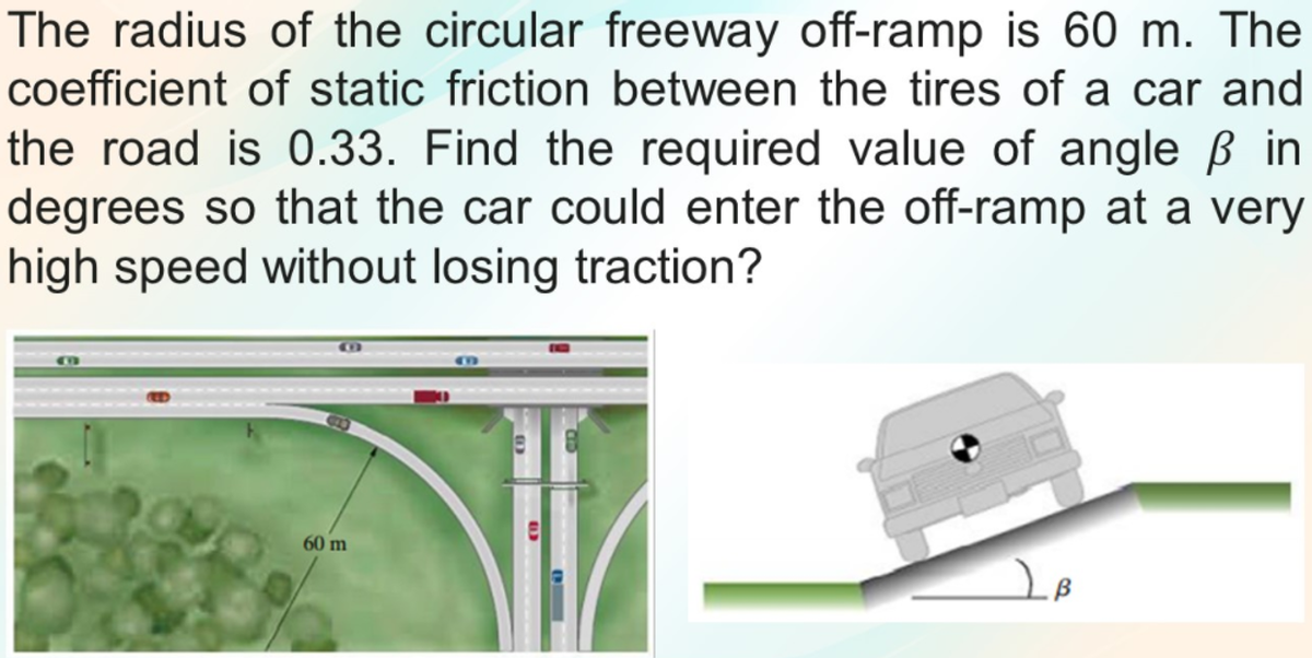 The radius of the circular freeway off-ramp is 60 m. The
coefficient of static friction between the tires of a car and
the road is 0.33. Find the required value of angle ß in
degrees so that the car could enter the off-ramp at a very
high speed without losing traction?
60 m
