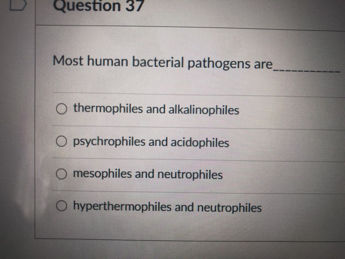 Question 37
Most human bacterial pathogens are
O thermophiles and alkalinophiles
O psychrophiles and acidophiles
O mesophiles and neutrophiles
O hyperthermophiles and neutrophiles
