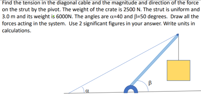 Find the tension in the diagonal cable and the magnitude and direction of the force
on the strut by the pivot. The weight of the crate is 2500 N. The strut is uniform and
3.0 m and its weight is 6000N. The angles are a=40 and ß=50 degrees. Draw all the
forces acting in the system. Use 2 significant figures in your answer. Write units in
calculations.
B
la
