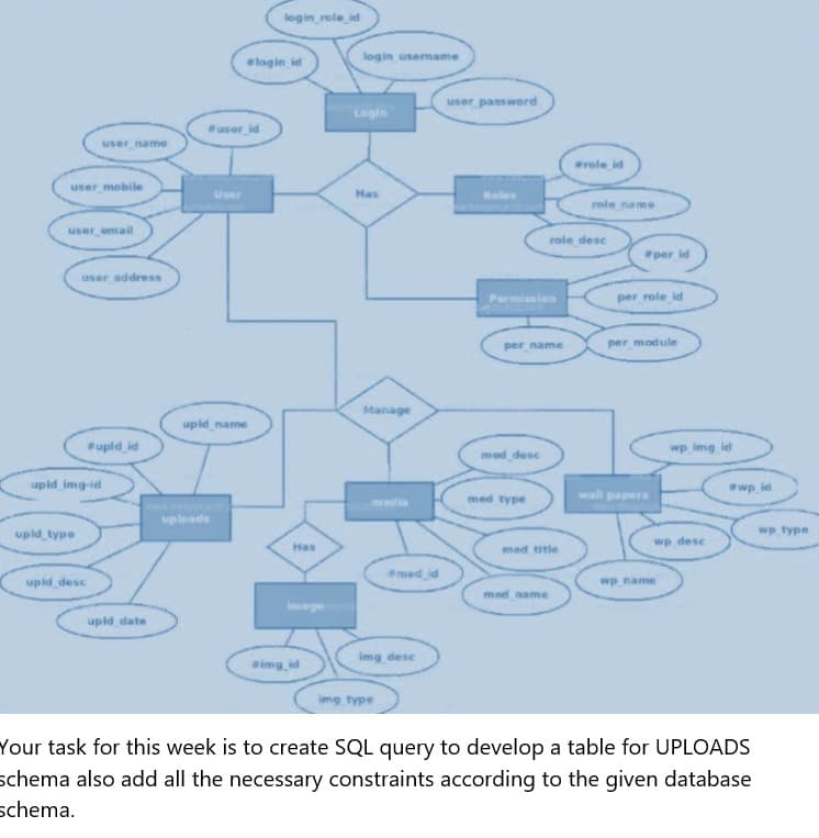 login_role id
login usemame
login id
user password
Login
user id
user name
role id
user mobile
User
Has
Roles
role name
user email
role desc
per id
user address
Permission
per role id
per name
per module
Manage
upld name
upld id
wp img id
med desc
upid img-id
wp id
med type
wall
media
upleads
upld type
wp type
wp dese
Has
med title
mad jd
upid desc
wp name
med name
upld date
img desc
simg id
img type
Your task for this week is to create SQL query to develop a table for UPLOADS
schema also add all the necessary constraints according to the given database
schema.
