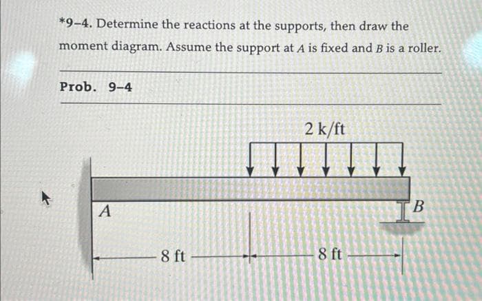 *9-4. Determine the reactions at the supports, then draw the
moment diagram. Assume the support at A is fixed and B is a roller.
Prob. 9-4
A
- 8 ft
2 k/ft
8 ft
B