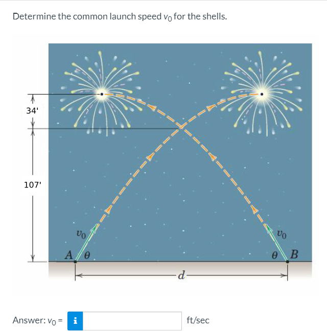 Determine the common launch speed vo for the shells.
34'
107'
%3D
e B
A/e
ft/sec
Answer: Vo = i
