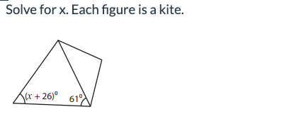 Solve for x. Each figure is a kite.
(x+26)⁰ 61°