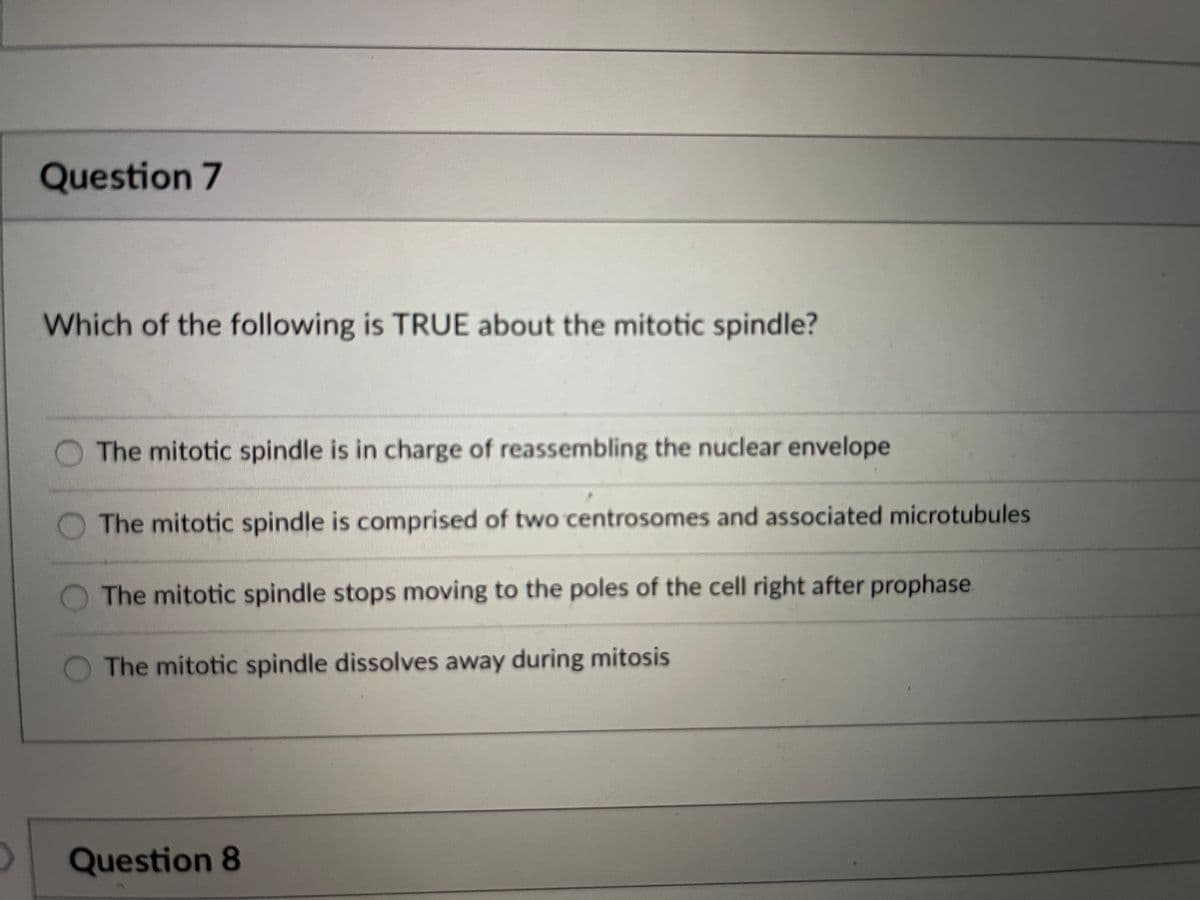 Question 7
Which of the following is TRUE about the mitotic spindle?
The mitotic spindle is in charge of reassembling the nuclear envelope
The mitotic spindle is comprised of two centrosomes and associated microtubules
The mitotic spindle stops moving to the poles of the cell right after prophase
The mitotic spindle dissolves away during mitosis
Question 8
