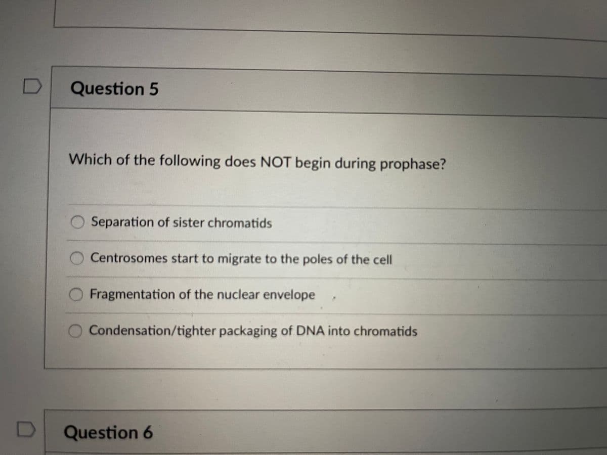 Question 5
Which of the following does NOT begin during prophase?
O Separation of sister chromatids
Centrosomes start to migrate to the poles of the cell
Fragmentation of the nuclear envelope
Condensation/tighter packaging of DNA into chromatids
Question 6
