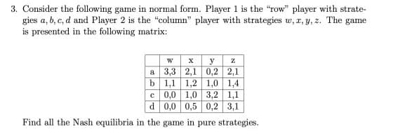 3. Consider the following game in normal form. Player 1 is the "row" player with strate-
gies a, b, c, d and Player 2 is the "column" player with strategies w, x, y, z. The game
is presented in the following matrix:
W
x y Z
2,1 0,2 2,1
a
3,3
b
1,1 1,2 1,0 1,4
c
0,0 1,0 3,2 1,1
d 0,0 0,5 0,2 3,1
Find all the Nash equilibria in the game in pure strategies.