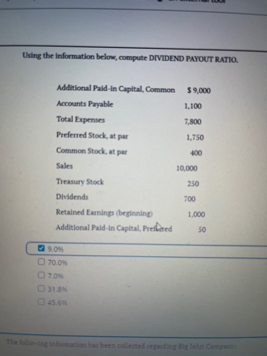Using the information below, compute DIVIDEND PAYOUT RATIO.
Additional Paid-in Capital, Common
$9,000
Accounts Payable
1,100
Total Expenses
7,800
Preferred Stock, at par
1,750
Common Stock, at par
400
Sales
10,000
Treasury Stock
250
Dividends
700
Retained Earnings (beginning)
1,000
Additional Paid-in Capital, Preflted
50
9.0%
O 70.0%
7.0%
31.8%
45.6%
The following Information has been collected regarding Big John Company:
