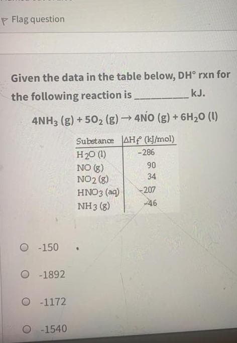 P Flag question
Given the data in the table below, DH° rxn for
kJ.
the following reaction is
4NH3 (g) + 502 (g) → 4NO (g) + 6H20 (1)
Substance AHf (kJ/mol)
-286
H20 (1)
NO (g)
NO2 (g)
HNO3 (aq)
NH3 (8)
90
34
-207
46
O -150
O - 1892
O -1172
O -1540
