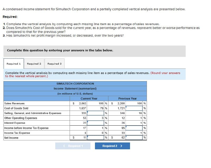A condensed Income statement for Simultech Corporation and a partially completed vertical analysis are presented below.
Required:
1. Complete the vertical analysis by computing each missing line item as a percentage of sales revenues.
2. Does Simultech's Cost of Goods sold for the current year, as a percentage of revenues, represent better or worse performance as
compared to that for the previous year?
3. Has Simultech's net profit margin increased, or decreased, over the two years?
Complete this question by entering your answers in the tabs below.
Required 1 Required 2 Required 2
Complete the vertical analysis by computing each missing line item as a percentage of sales revenues. (Round your answers
to the nearest whole percent.)
SIMULTECH CORPORATION
Income Statement (summarized)
(in millions of U.S. dollars)
Current Year
Sales Revenues
Cost of Goods Sold
Selling, General, and Administrative Expenses
Other Operating Expenses
Interest Expense
Income before Income Tax Expense
Income Tax Expense
Net Income
S
S
2,062
1,637
333
53
22
17
6
11
< Required 1
100 %
se se
79 %
3%
%
1%
0%
%
$
S
Previous Year
2,200
1,721
346
12
26
95
33
62
Required 2 >
100 %
%
16 %
1%
1%
%
1%
%