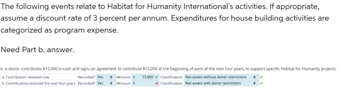 The following events relate to Habitat for Humanity International's activities. If appropriate,
assume a discount rate of 3 percent per annum. Expenditures for house building activities are
categorized as program expense.
Need Part b. answer.
6. A donor contributes $15,000 in cash and signs an agreement to contribute $15,000 at the beginning of each of the next four years, to support specific Habitat for Humanity projects.
a. Contribution received now
Amount $ 15,000✔ Classification: Net assets without donor restrictions
Amount $
x Classification: Net assets with donor restrictions
Recorded? Yes
b. Contributions received the next four years Recorded? Yes
◆