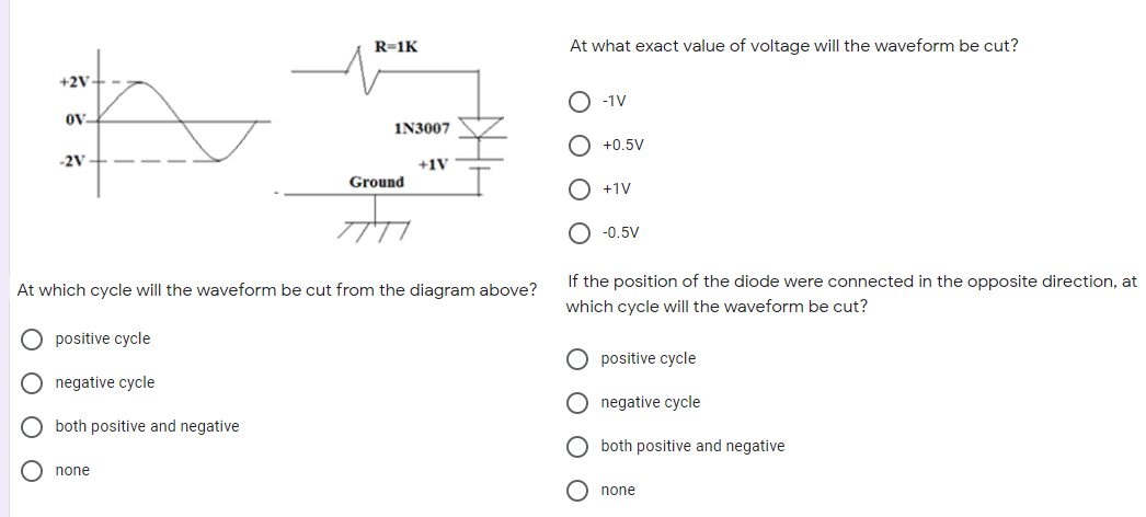 R=1K
At what exact value of voltage will the waveform be cut?
+2V
-1V
oV-
IN3007
+0,5V
-2V
+1V
Ground
+1V
-0.5V
If the position of the diode were connected in the opposite direction, at
At which cycle will the waveform be cut from the diagram above?
which cycle will the waveform be cut?
O positive cycle
O positive cycle
O negative cycle
O negative cycle
O both positive and negative
O both positive and negative
O none
none
O O
O O O O
