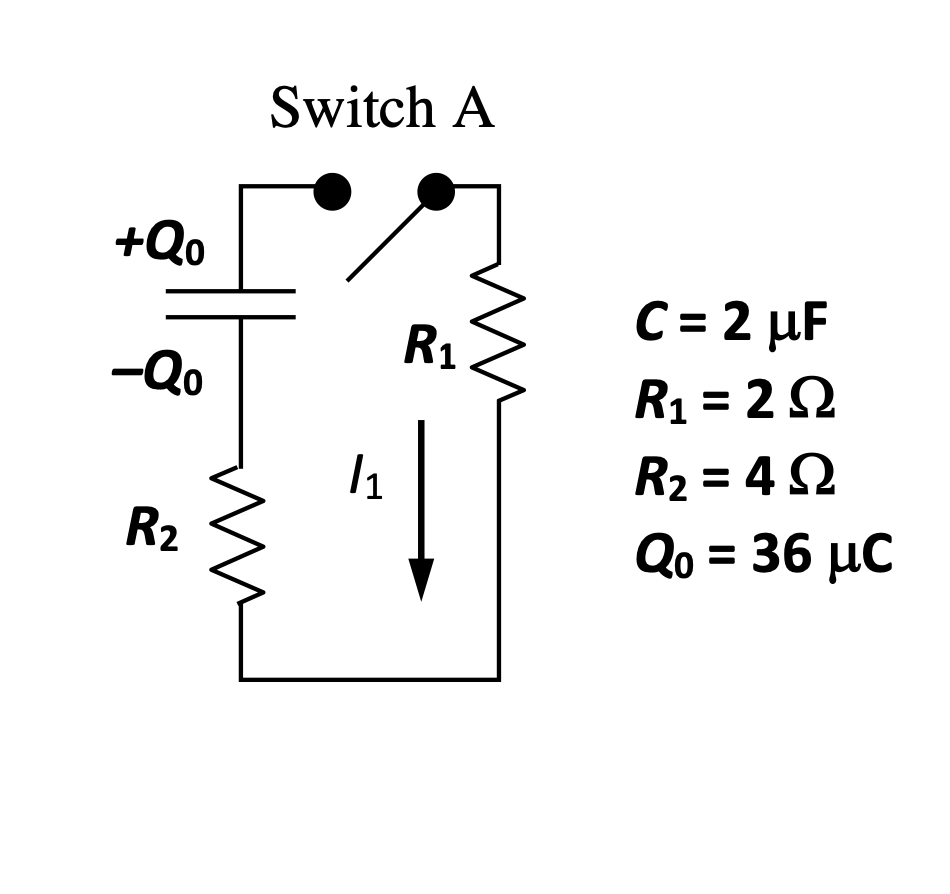 Switch A
+Qo
C= 2 µF
R1
-Qo
R1 = 2 2
R2 = 4 2
R2
Qo = 36 µC
