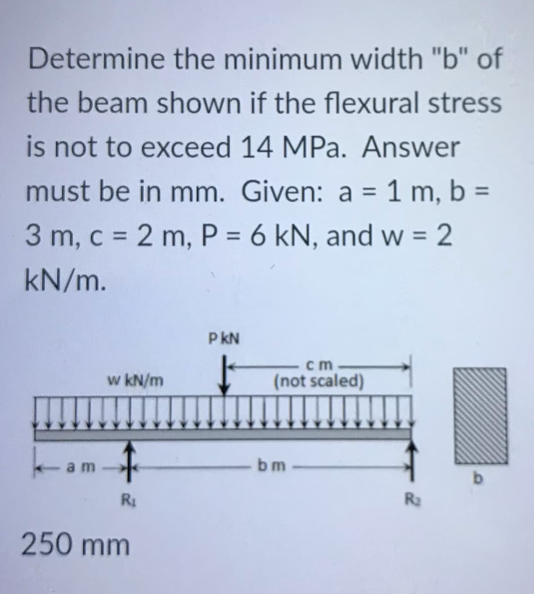 Determine the minimum width "b" of
the beam shown if the flexural stress
is not to exceed 14 MPa. Answer
1 m, b =
3 m, c = 2 m, P = 6 kN, and w = 2
must be in mm. Given: a =
%3D
kN/m.
P kN
cm
w kN/m
(not scaled)
bm
b
R1
R2
250 mm
