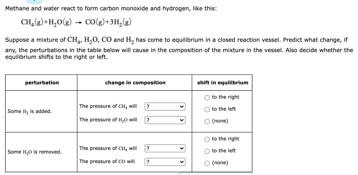 Methane and water react to form carbon monoxide and hydrogen, like this:
CH,(g)+H,0(g)
CO(g)+3H,(g)
Suppose a mixture of CH, H,O, CÓ and H, has come to equilibrium in a closed reaction vessel. Predict what change, if
any, the perturbations in the table below will cause in the composition of the mixture in the vessel. Also decide whether the
equilibrium shifts to the right or left.
perturbation
change in composition
shift in equilibrium
to the right
The pressure of CH, will
?
to the left
Some H, is added.
The pressure of H,0 will
?
(none)
to the right
The pressure of CH4 will
Some H,0 is removed.
to the left
The pressure of CO will
?
(none)
