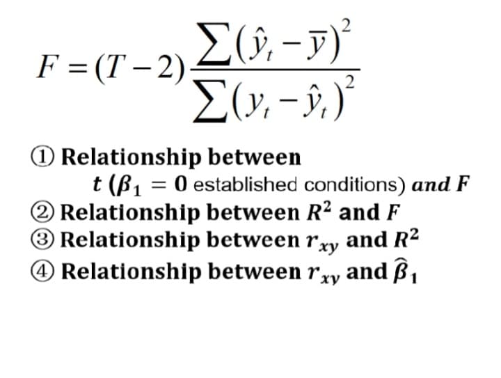 -
F = (T – 2)
E(y, – §.)'
2
O Relationship between
t (B1 = 0 established conditions) and F
2 Relationship between R2 and F
O Relationship between ryy and R2
O Relationship between rxy and B,
