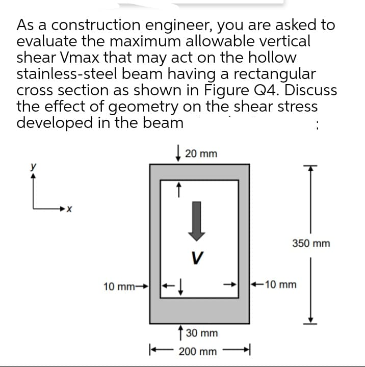 As a construction engineer, you are asked to
evaluate the maximum allowable vertical
shear Vmax that may act on the hollow
stainless-steel beam having a rectangular
cross section as shown in Figure Q4. Discuss
the effect of geometry on the shear stress
developed in the beam
| 20 mm
y
350 mm
V
10 mm-
-10 mm
1 30 mm
E 200 mm
