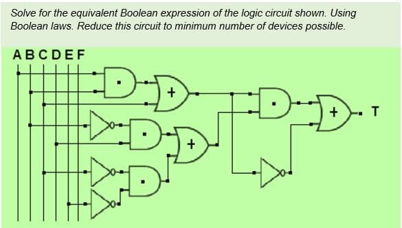 Solve for the equivalent Boolean expression of the logic circuit shown. Using
Boolean laws. Reduce this circuit to minimum number of devices possible.
ABCDEF
+
