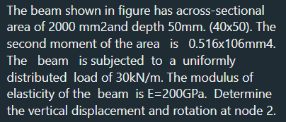 The beam shown in figure has across-sectional
area of 2000 mm2and depth 50mm. (40x50). The
second moment of the area is 0.516x106mm4.
The beam is subjected to a uniformly
distributed load of 30kN/m. The modulus of
elasticity of the beam is E=200GPa. Determine
the vertical displacement and rotation at node 2.