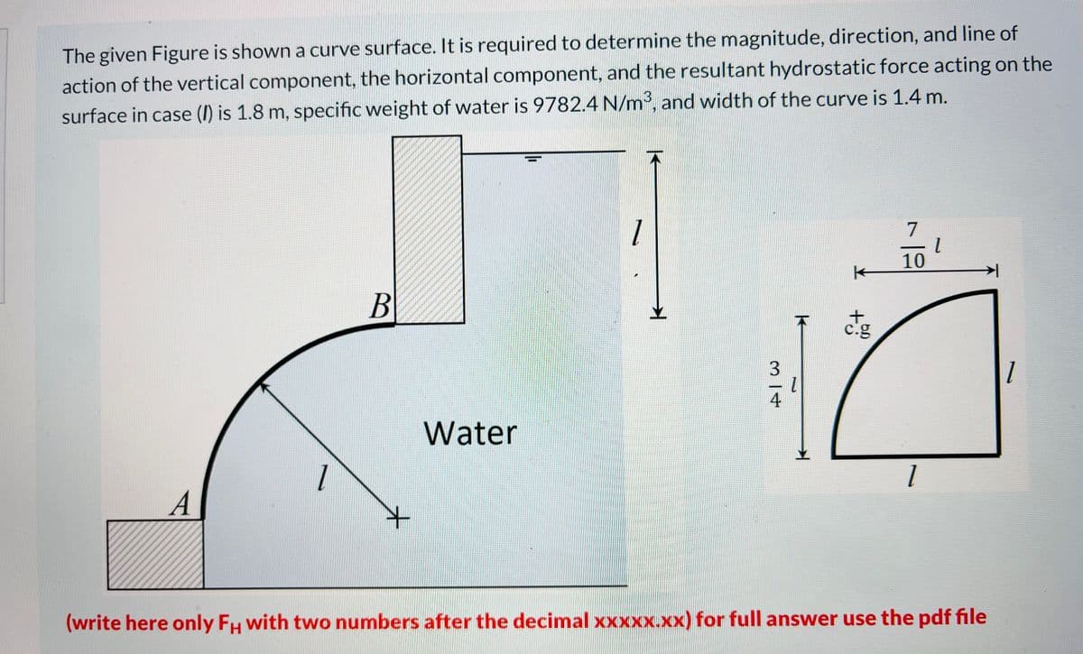 The given Figure is shown a curve surface. It is required to determine the magnitude, direction, and line of
action of the vertical component, the horizontal component, and the resultant hydrostatic force acting on the
surface in case (I) is 1.8 m, specific weight of water is 9782.4 N/m, and width of the curve is 1.4 m.
10
c.g
1
Water
A
(write here only FH with two numbers after the decimal xxxxxx.xx) for full answer use the pdf file
ल |
