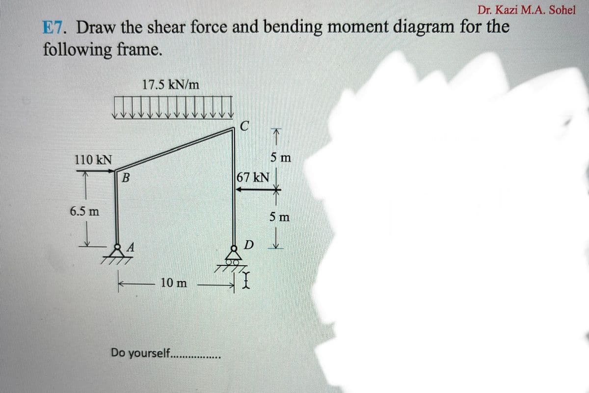Dr. Kazi M.A. Sohel
E7. Draw the shear force and bending moment diagram for the
following frame.
17.5 kN/m
110 kN
5 m
67 kN
6.5 m
5 m
D.
10 m
Do yourself. .
