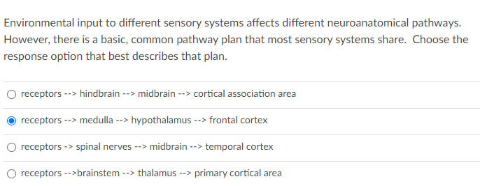 Environmental input to different sensory systems affects different neuroanatomical pathways.
However, there is a basic, common pathway plan that most sensory systems share. Choose the
response option that best describes that plan.
receptors --> hindbrain --> midbrain --> cortical association area
receptors --> medulla --> hypothalamus --> frontal cortex
receptors -> spinal nerves --> midbrain --> temporal cortex
receptors >brainstem --> thalamus --> primary cortical area