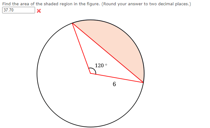 Find the area of the shaded region in the figure. (Round your answer to two decimal places.)
37.70
X
120°
6