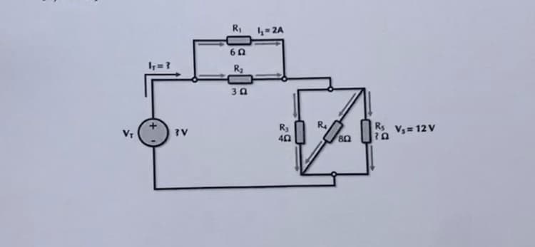 ly=?
?V
R₁
6Ω
R₂
30
1₁=2A
R₁
40
Resa
Rs
Q
V₁ = 12 V