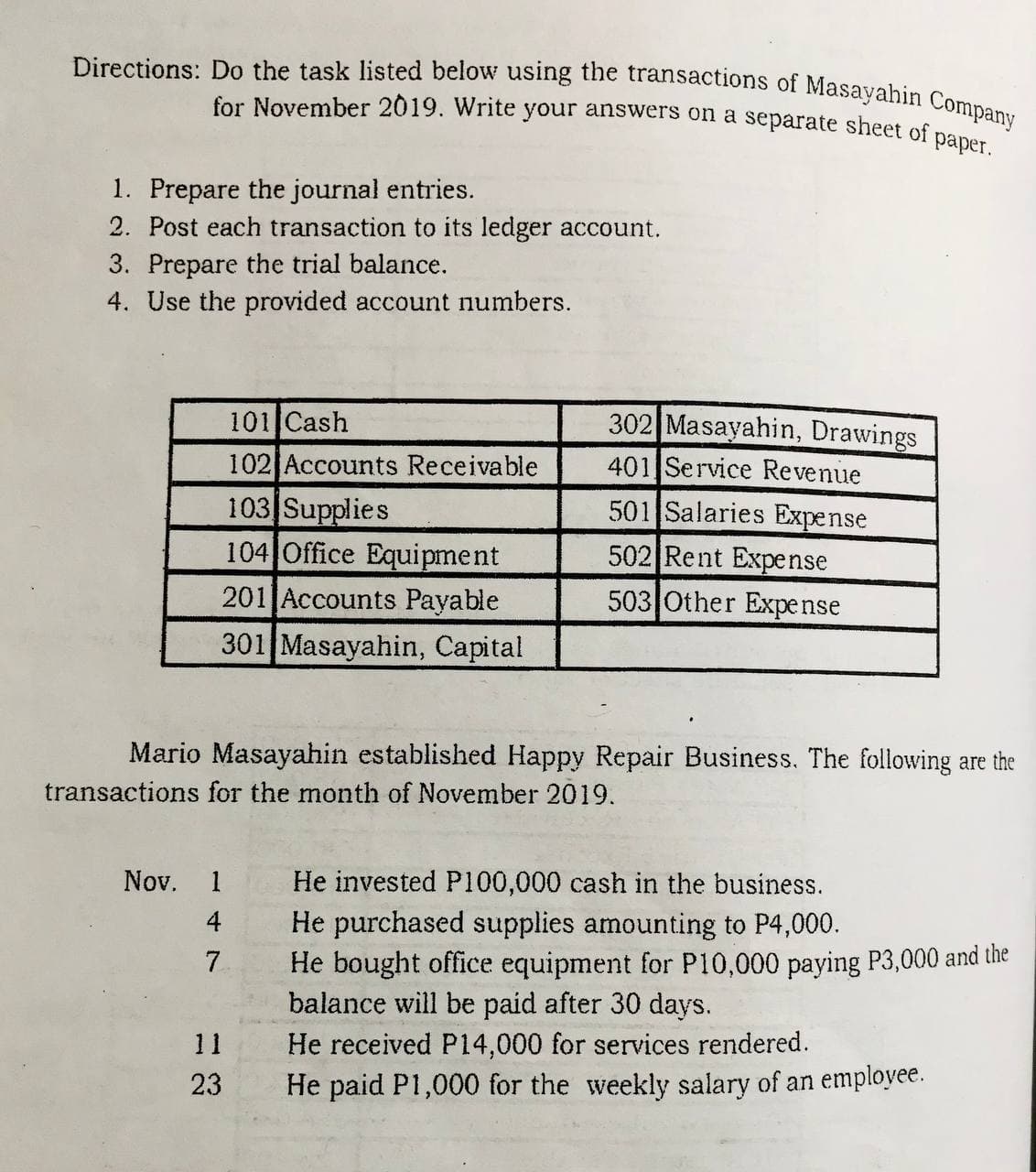 Directions: Do the task listed below using the transactions of Masayahin Company
for November 2019. Write your answers on a separate sheet of
paper.
1. Prepare the journal entries.
2. Post each transaction to its ledger account.
3. Prepare the trial balance.
4. Use the provided account numbers.
302 Masayahin, Drawings
401 Service Revenue
101 Cash
102 Accounts Receivable
103 Supplies
104 Office Equipment
501 Salaries Expense
502 Rent Expense
503 Other Expense
201 Accounts Payable
301 Masayahin, Capital
Mario Masayahin established Happy Repair Business. The following are the
transactions for the month of November 2019.
Nov.
1
He invested P100,000 cash in the business.
He purchased supplies amounting to P4,000.
He bought office equipment for P10,000 paying P3,000 and the
balance will be paid after 30 days.
He received P14,000 for services rendered.
4
7.
11
23
He paid P1,000 for the weekly salary of an employee.
