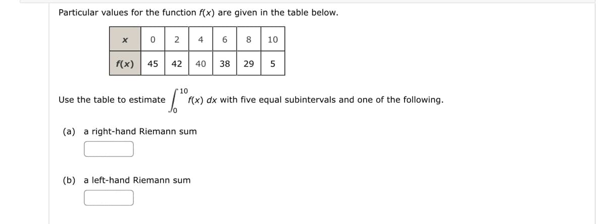 Particular values for the function f(x) are given in the table below.
x 02468 10
f(x) 45
42 40 38 29 5
10
Use the table to estimate
f(x) dx with five equal subintervals and one of the following.
(a) a right-hand Riemann sum
(b) a left-hand Riemann sum