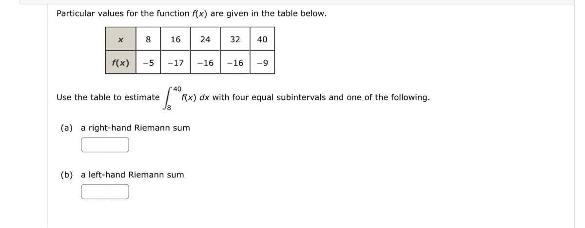 Particular values for the function f(x) are given in the table below.
x 8 16 24 32 40
f(x) -5 -17 -16 -16
-9
40
Use the table to estimate
f(x) dx with four equal subintervals and one of the following.
(a) a right-hand Riemann sum
(b) a left-hand Riemann sum