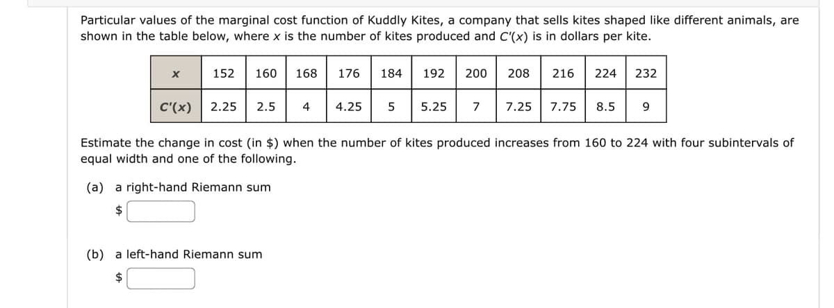 Particular values of the marginal cost function of Kuddly Kites, a company that sells kites shaped like different animals, are
shown in the table below, where x is the number of kites produced and C'(x) is in dollars per kite.
160 168 176 184 192 200 208 216 224 232
7 7.25 7.75 8.5
x
152
C'(x) 2.25 2.5
4
4.25 5 5.25
9
Estimate the change in cost (in $) when the number of kites produced increases from 160 to 224 with four subintervals of
equal width and one of the following.
(a) a right-hand Riemann sum
(b) a left-hand Riemann sum